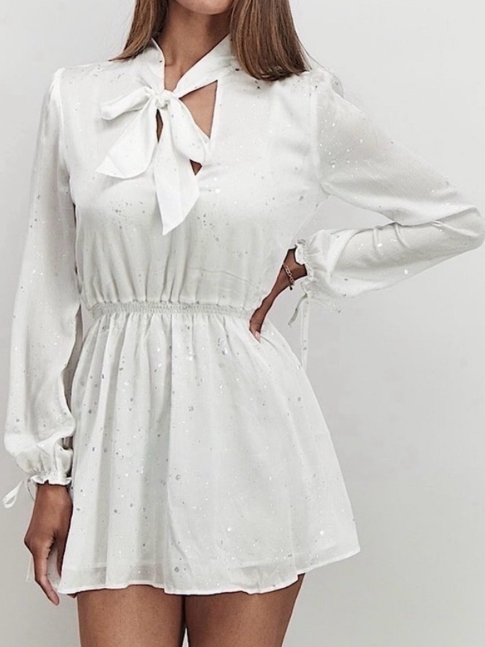 Avec Les Filles White Tie-Neck Long Sleeve Mini Dress